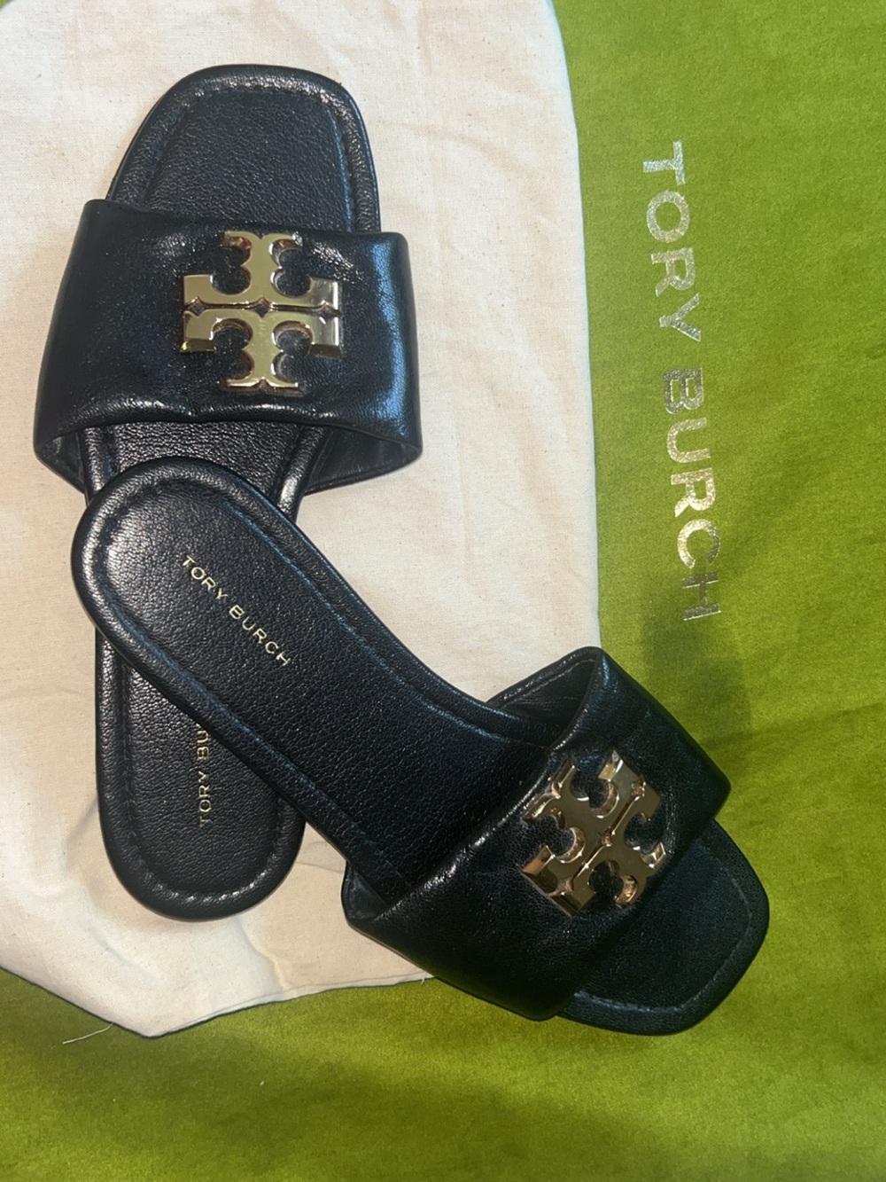 Tory Burch Black Leather Slide Mules with Gold Logo Hardware